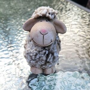 Adorable Ceramic Sheep Figurine With Real Wool